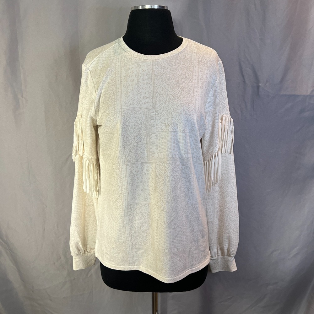 Cruel Denim Blouse Top Womens Medium White stretch Paisley Print Fringe hem